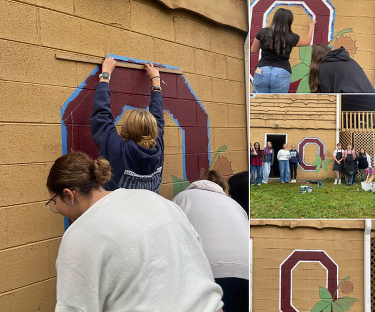 A collage showing students working on a stylized 