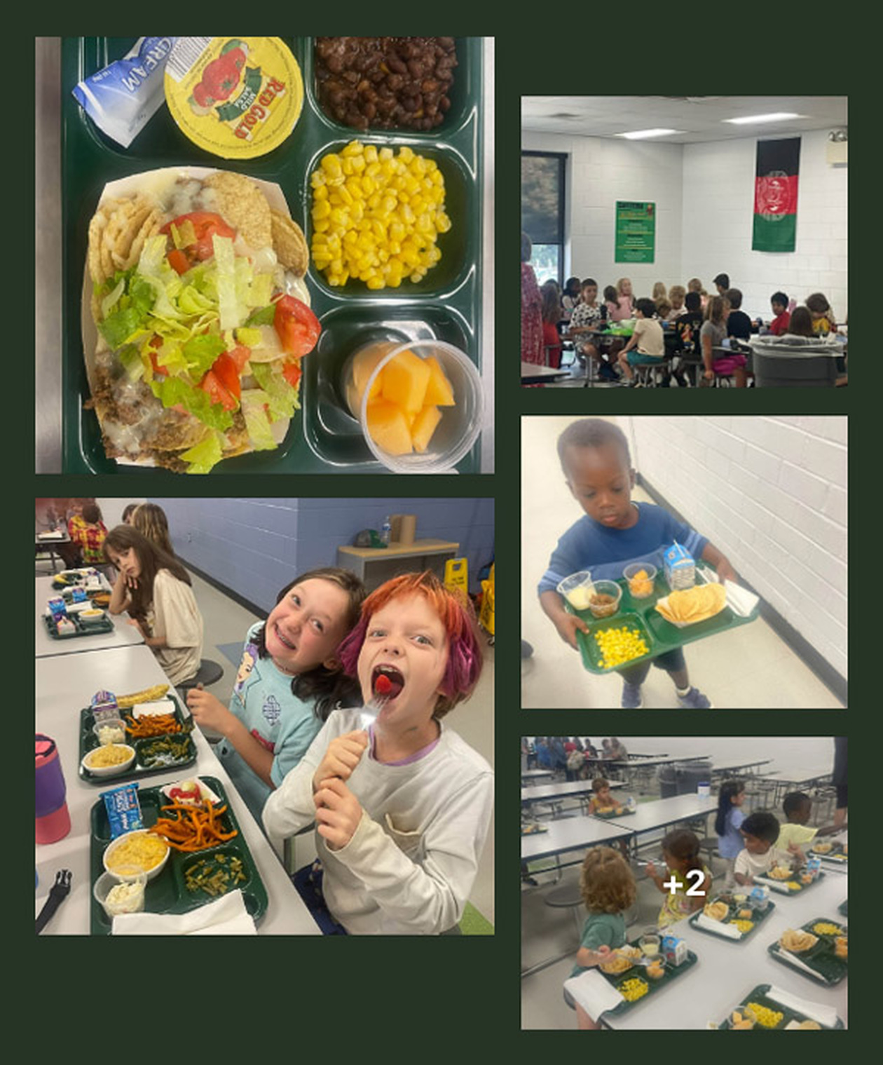 A collage showing five photos of school lunch and children eating lunch.