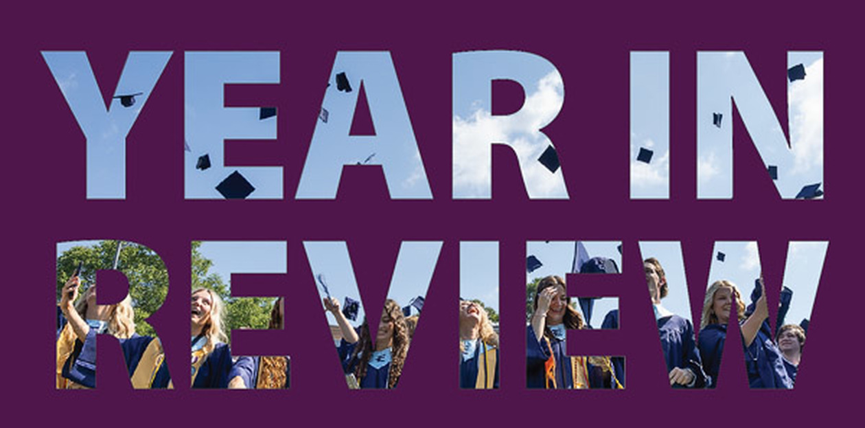 An image of graduates throwing caps into the air, mixed with the words 