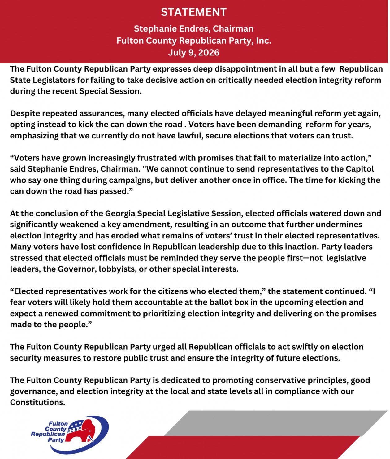 Statement from FCRP Chairman Stephanie Endres on the 2026 special session, July 9, 2026