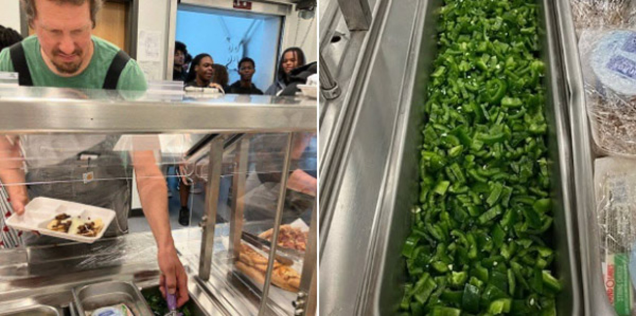 A photo showing jalapeños and an adult getting a serving in the lunch line.