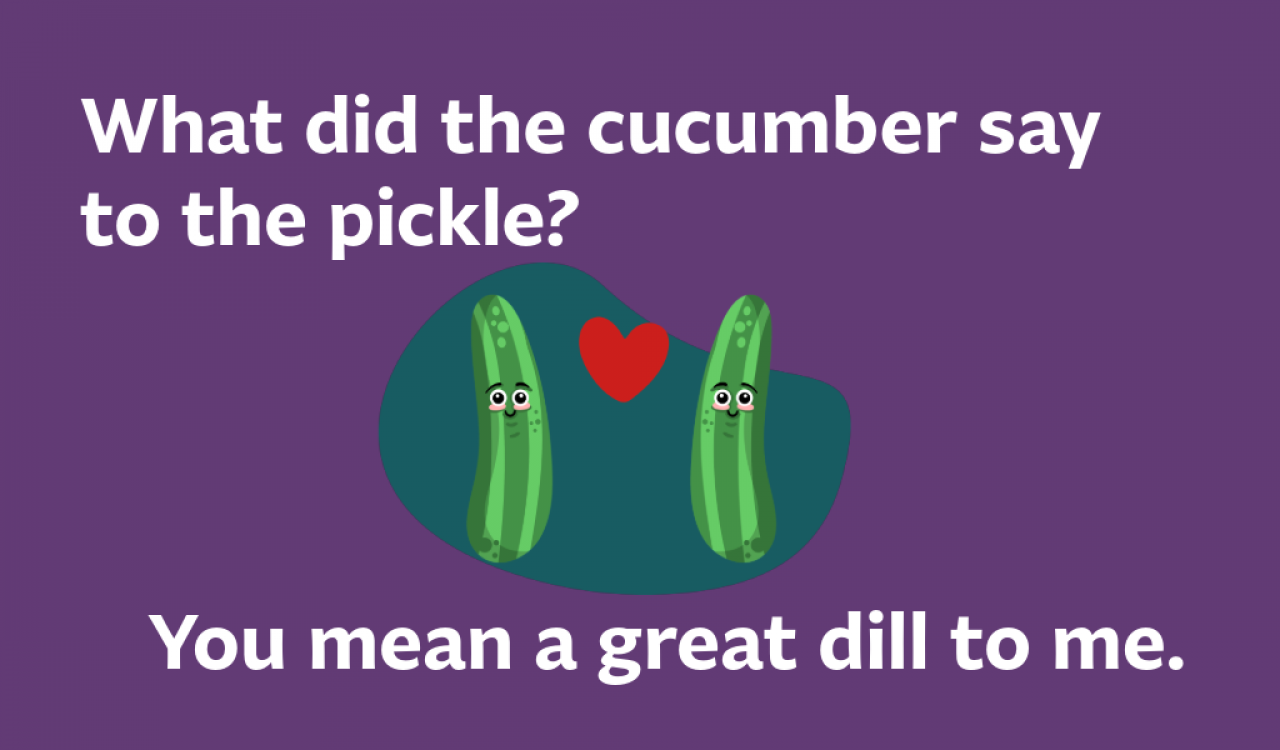 What did the cucumber say to the pickle? You mean a great dill to me. 
