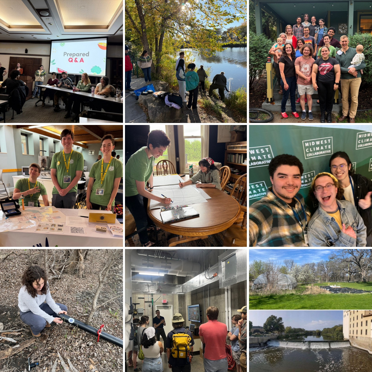 food access panel with many offices,  water sampling with campus groups, office gathering, new student week table, visioning the future, conferences and professional development, water testing, energy tours, campus and local food systems