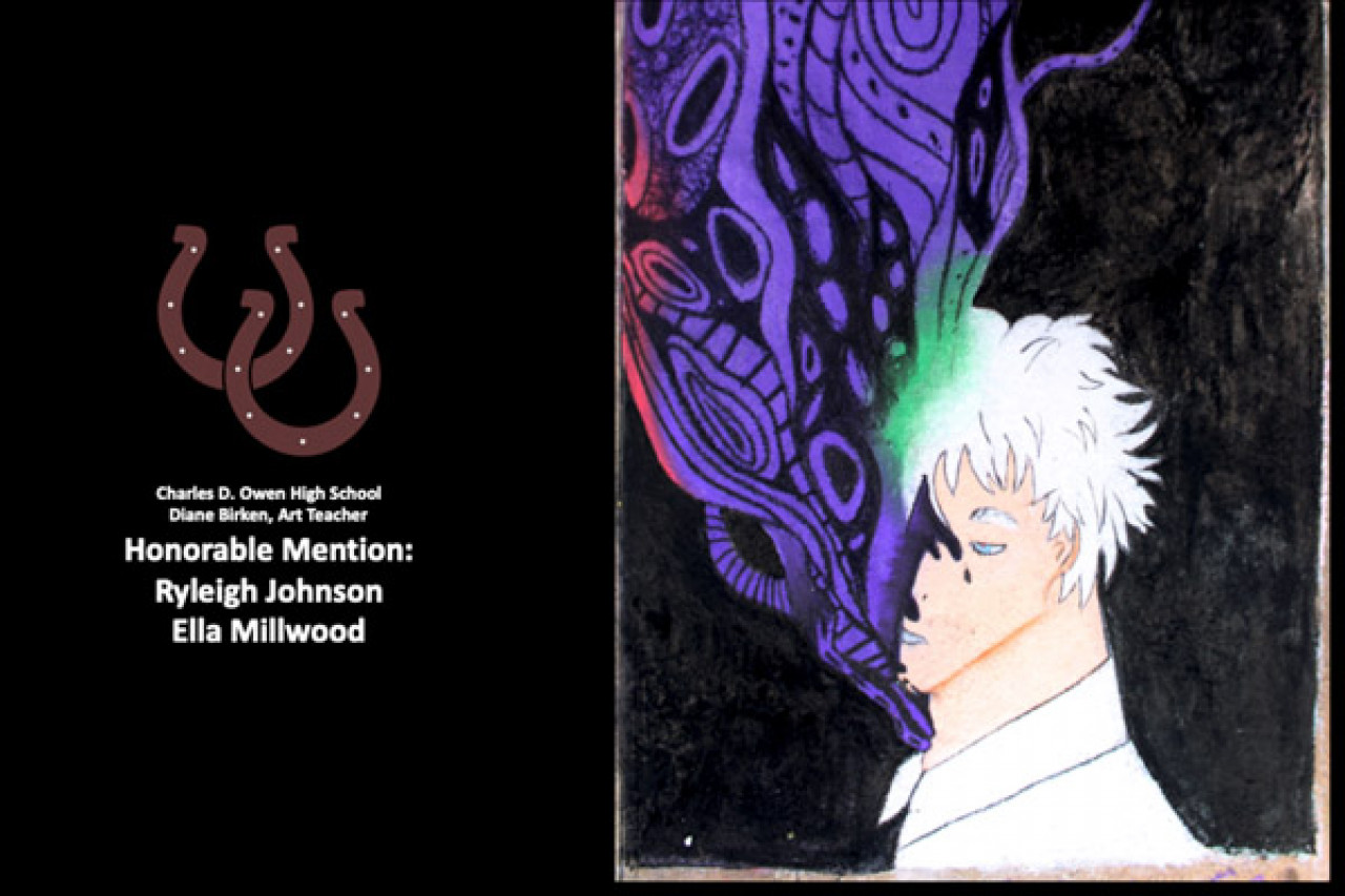 A graphic showing Ryleigh Johnson and Ella Millwood's submission of a stylized male figure with half of his head transforming into an abstract purple shape.