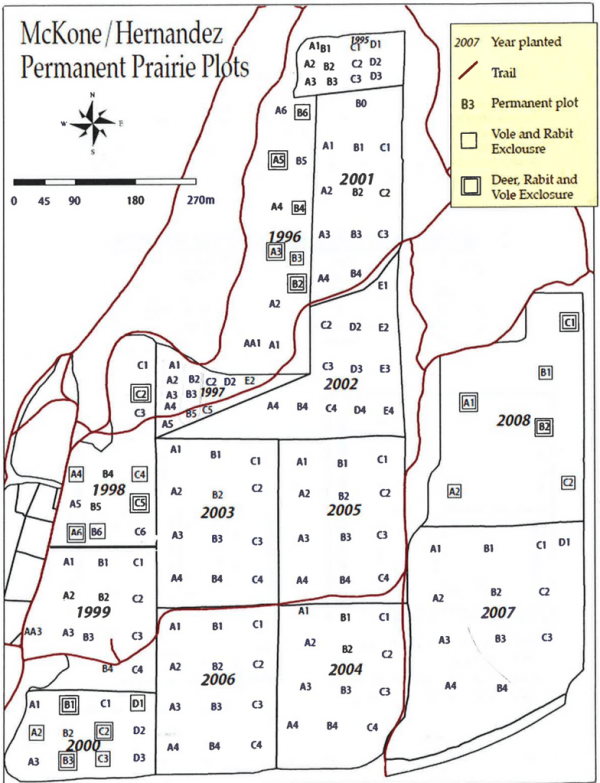 Map of prairie planting units with permanent plots and exclosures.