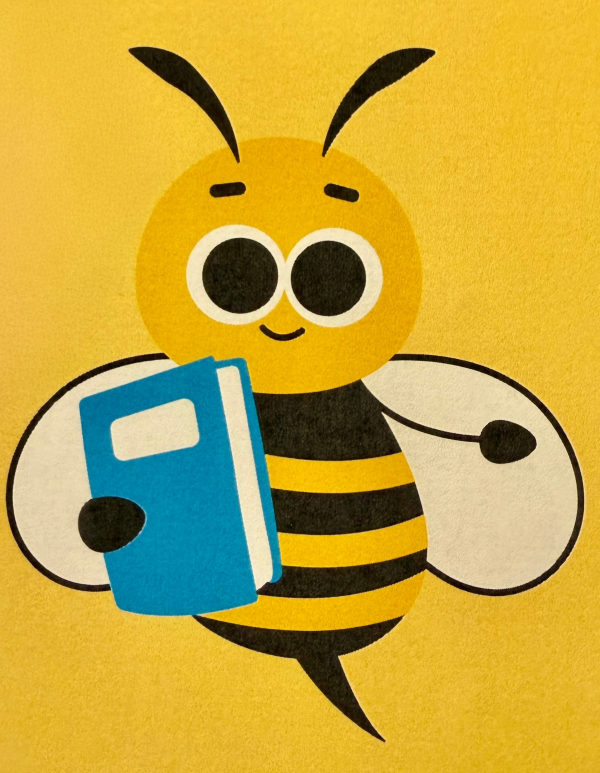 Cartoon bumble bee holding a blue book