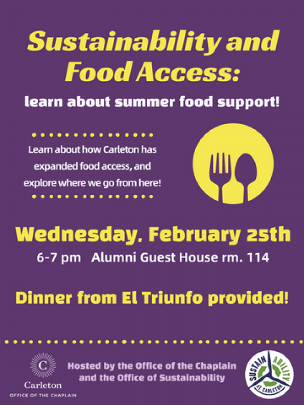 A purple and yellow Sustainability and Food Access poster