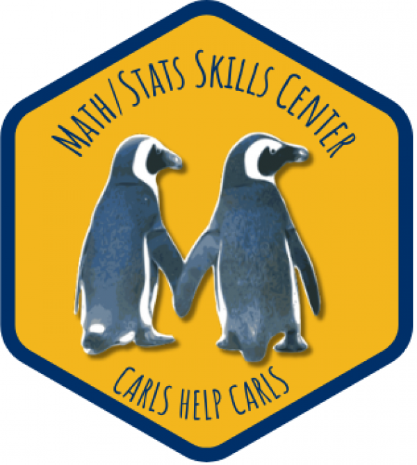 Math Stats Skills Center logo, yellow hexagon that says Carls Help Carls with two penguins holding flippers