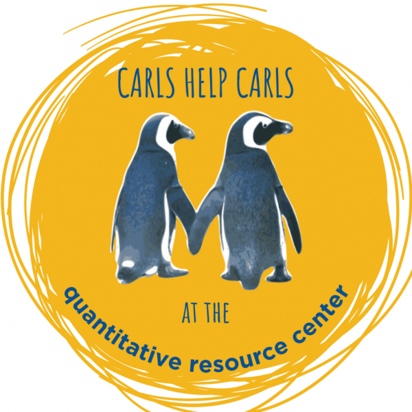 Quantitative Resource Center logo, yellow circle that says Carls Help Carls with two penguins holding flippers