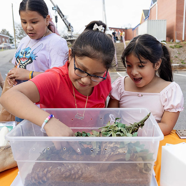 Two students smile while reacting to a turtle in a habitat.