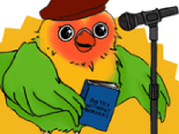 Green, yellow, and orange parrot with a hat in front of a microphone
