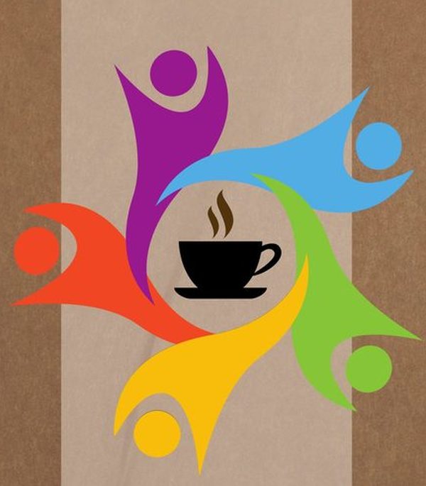 Abstract silhouettes surrounding an icon of a cup of coffee