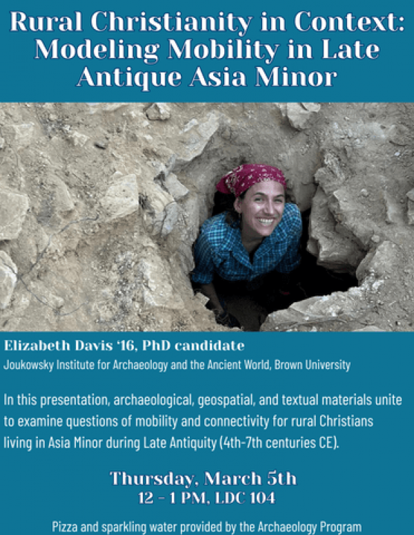 Blue poster with event details featuring a student with a red bandana standing in a hole surrounded by rocks