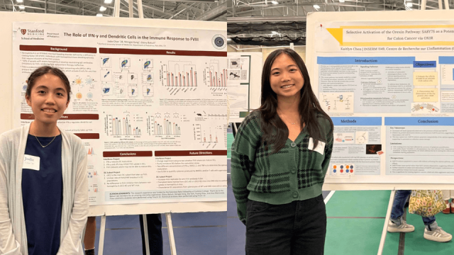 Chan and Chen standing in front of their summer research posters