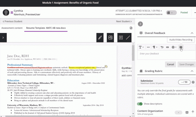 Screenshot of example Assignment in Bb Annotate